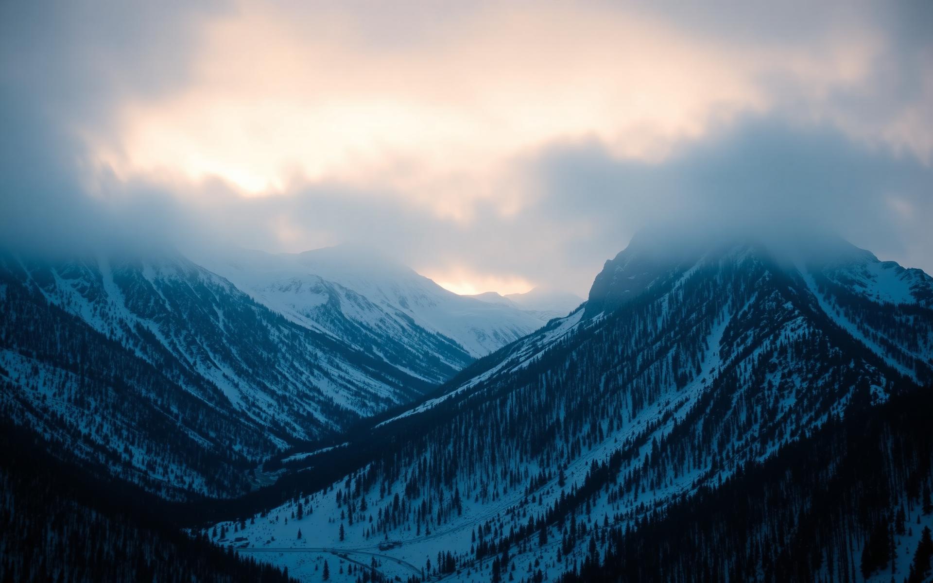 Snow-capped Rocky Mountain peaks in Grand County, Colorado at sunrise